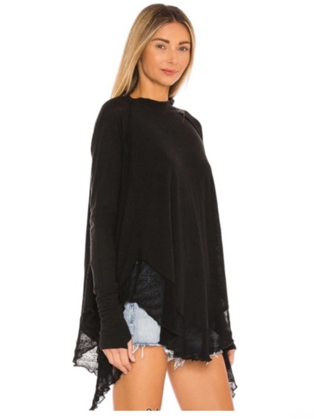 Free People black long sleeve tunic top with raw edges size small - Picture 2 of 15
